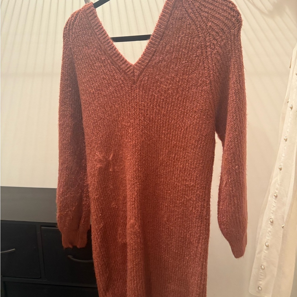 Rust Knit V-Neck Sweater Dress